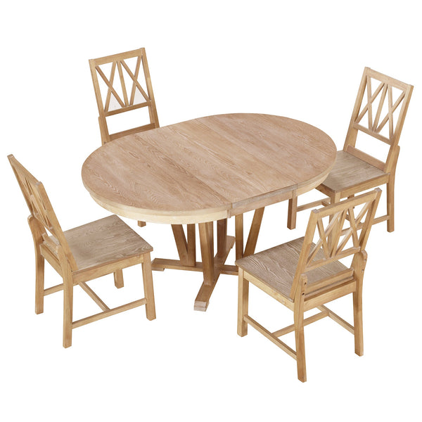 Rustic 5-Piece Extendable Dining Table Set Round Trestle Table and 4 Cross Back Dining Chairs for Kitchen, Dining Room,