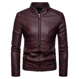 Buy wine-red Fashion Brand Motorcycle Men&#39;s Leather Jackets 2020 Winter Stand Collar Zipper Male Leather Jacket Comfortable Warm Coats