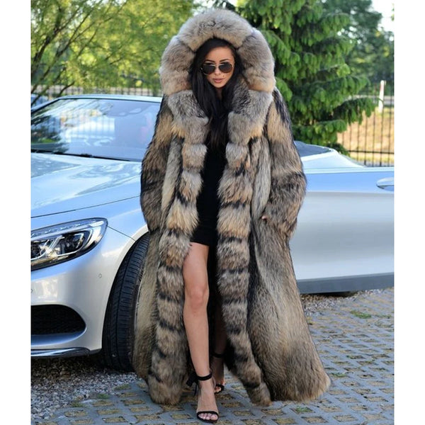 BFFUR Luxury 130cm Long Natural Women Fur Coats Real Winter Fashion Full Pelt Genuine Raccoon Fur Coat With Hood Overcoat Woman