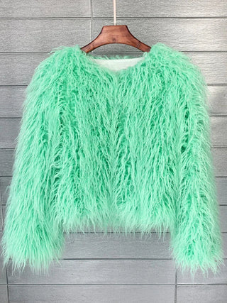 Buy light-green Colorful Boho Furry Faux Fur Coat Women Fur Coats Autumn Winter Pink White Shaggy Faux Fur Jacket Tops Festival Clothing