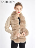 ZADORIN Fall Winter Women Faux Fur Coat Luxury Knitted Sweater Fur Cardigan Detachable Collar White Pink Jacket Faux Fur Coats