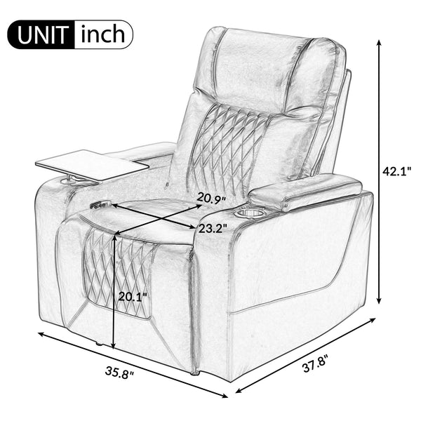 Power Motion Recliner With USB Charging Port and Hidden Arm Storage 2 Convenient Cup Holders Design and 360° Swivel Tray