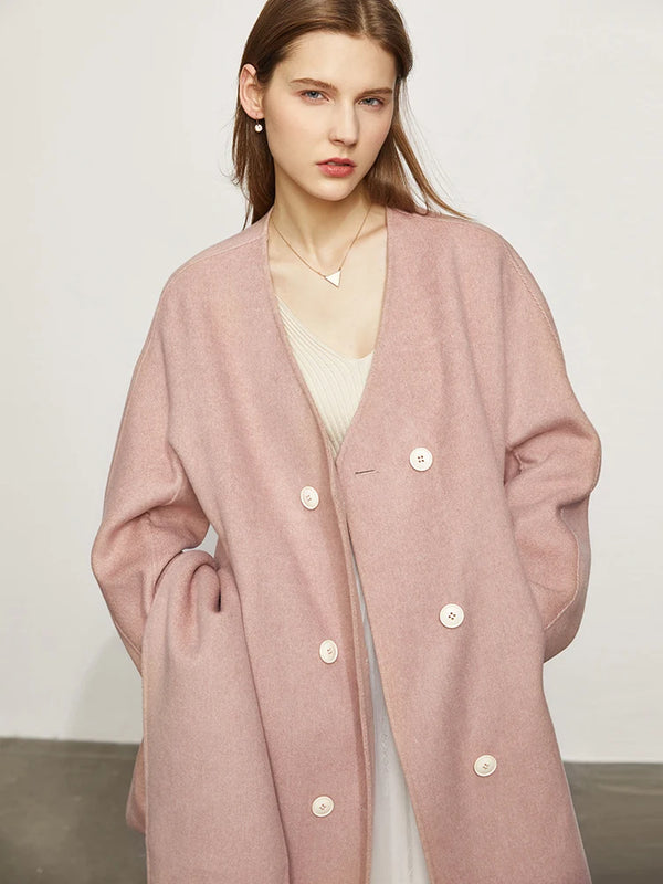 AMII Minimalism Blend Coat Women 2022 Winter Double-Sided Woolen Jacket French V-Neck Long Sleeve Winter Warm Coats 11920242