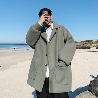 Buy green LAPPSTER Men Korean Fashions Wool Trench Coat 2023 Overcoat Mens Japanese Streetwear Winter Coat Harajuku Khaki Jackets Coats