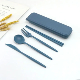 Buy blue 4Pcs Wheat Straw Dinnerware Set Portable Tableware Knife Fork Spoon Eco-Friendly Travel Cutlery Set Utensil Box Chopsticks Set