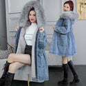 Factory Selling Women Winter Coats Belt Trench Coat Denim With Wool Collar Winter Jackets for Ladies Casual Coat Fur Parka Women