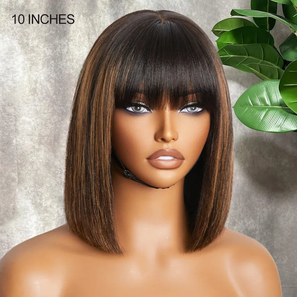 Brown Highlight Put on and Go Straight Short Bob Wigs With Bangs