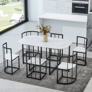 Modern 7-Piece Dining Table Set With Faux Marble Compact 55Inch Kitchen Table Set for 6, Black+White