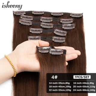 Buy 4 Isheeny 14&quot;-24&quot; Clip in Human Hair Extensions Brazilian Remy Natural Clip Human Hair Extension Real Natural Clip on 80g-140g