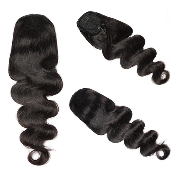 Body Wave Ponytail Human Hair Drawstring Ponytail Remy 100% Human Hair Extensions Chip-In Hair Ponytail Extensions Natural Black