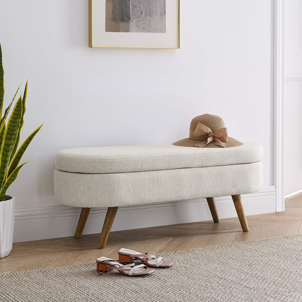 Ottoman Oval Storage Bench,Rubber Wood Legs, Beige(43.5"x16"x16")