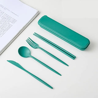 Buy green 4Pcs Wheat Straw Dinnerware Set Portable Tableware Knife Fork Spoon Eco-Friendly Travel Cutlery Set Utensil Box Chopsticks Set