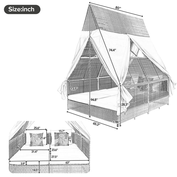 Outdoor Daybed Patio Lounge Bed With Adjustable Backrest Outdoor Double Sun Lounger With Curtains, 4 Pillows for Garden