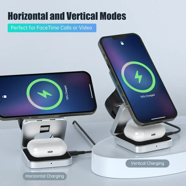 Travel 3 in 1 Magnetic Wireless Charger Foldable Stand Dock for IPhone 15, 14, AirPods,iwatch for Apple / for Samsung Galaxy S23