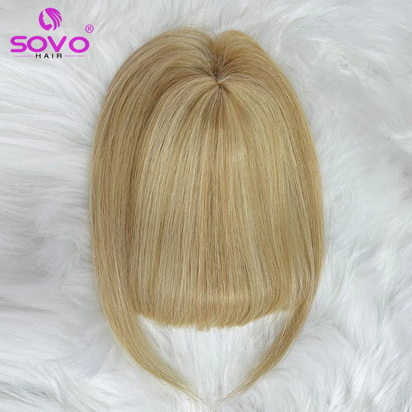 Human Hair Bangs Clip in Blunt Cut Fringe OverHead Wispy Air Bang Black Brown Blonde 2 Clips Hair Topper Extensions 8.5x7.5cm