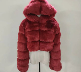 Buy red Furry Cropped Faux Fur Coats  Jackets Women Fluffy Top Coat Hooded Winter Fur Jacket YINGJIAMEI