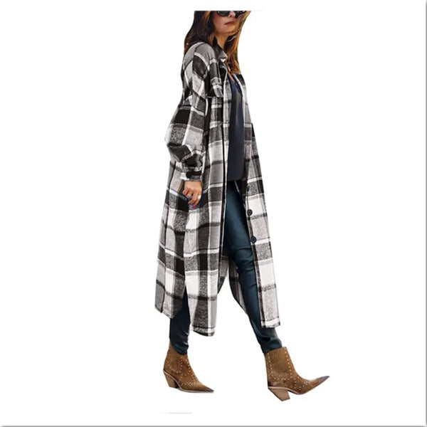 Autumn Winter Women's Wool Coat 2021 Streetwear Loose Casual Coat Shirt Jacket Lapel Women's Fashion Long Plaid Jacket