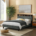 Queen Size Bed Frame, Shelf Upholstered Headboard, Platform Bed With Outlet & USB Ports, Wood Legs, No Box Spring Needed