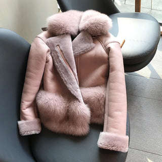 Buy as-photo1 2019 Luxury Women&#39;s Real Fur Coat Thick Lamb Wool Fur Jacket Long Sheep Shearling Female Jackets Winter With Fox Coats