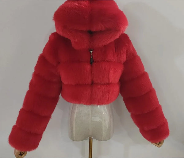 Furry Cropped Faux Fur Coats  Jackets Women Fluffy Top Coat Hooded Winter Fur Jacket YINGJIAMEI