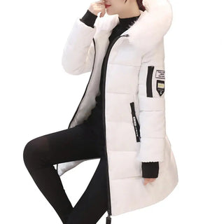 Buy white 2024 New Winter Coat Women&#39;s Jacket Fur Neckline Long Basic Coats Thick Jackets Cotton Padded Outerwear Parkas Female Clothes