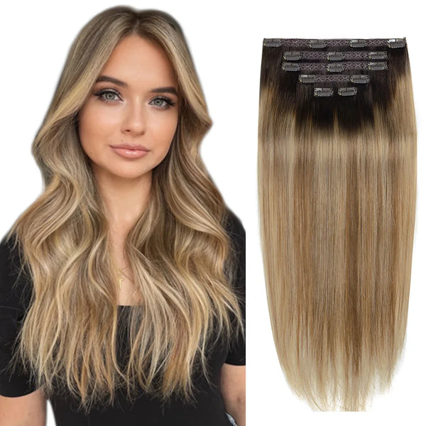 BHF Clip in Human Hair Extensions Remy Natural Hair Clip in Extensions Highlighted Golden Blonde Straight Human Hair Extensions