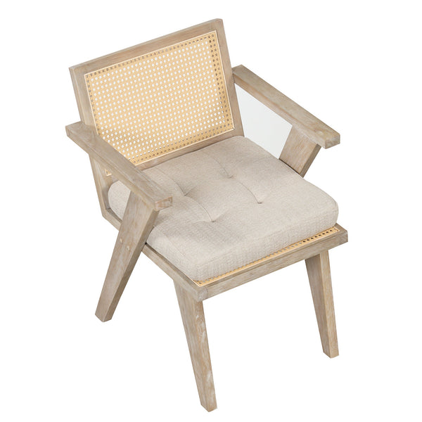 Mid-Century Accent Chair With Handcrafted Rattan Backrest and Padded Seat for Leisure, Bedroom, Kitchen, Living Room, En