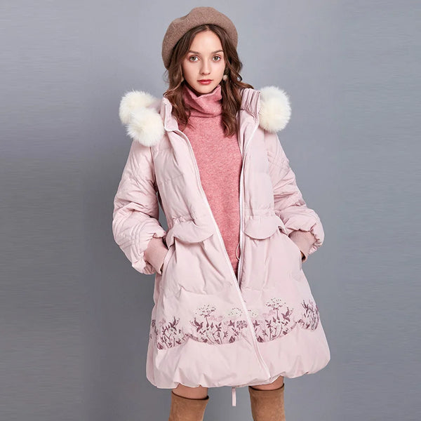 ARTKA 2019 Winter New Women Flower Embroidery 90% White Duck Down Coat Fox Fur Collar Hooded Thicken Long Down Coats ZK10698D