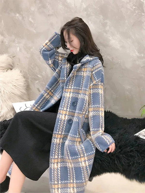 Bella Philosophy Winter Plaid Women Faux Mink Cashmere Woolen Coat Ladies Casual Turn-Down Collar Coats Female Warm Outwear