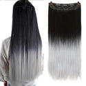 WTB Synthetic Long Straight 5 Clip in Hair Extensions 3/4 Full Head Hairpieces Natural Black to Grey Ombre Two Tones Fake Hair