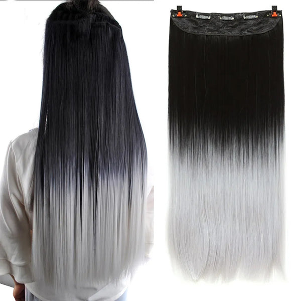 WTB Synthetic Long Straight 5 Clip in Hair Extensions 3/4 Full Head Hairpieces Natural Black to Grey Ombre Two Tones Fake Hair