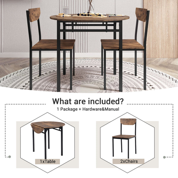 Modern 3-Piece Round Dining Table Set With Drop Leaf and 2 Chairs for Small Places,Black Frame+Rustic Brown Finish