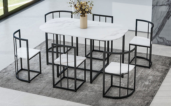 Modern 7-Piece Dining Table Set With Faux Marble Compact 55Inch Kitchen Table Set for 6, Black+White