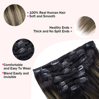 Hair Extensions Clip in Human Hair 7PCS Balayage Natural Black to Golden Blonde Clip in Hair Extension Real Human Hair Extension