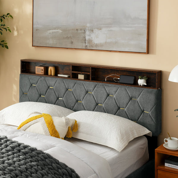 Queen Size Bed Frame, Shelf Upholstered Headboard, Platform Bed With Outlet & USB Ports, Wood Legs, No Box Spring Needed