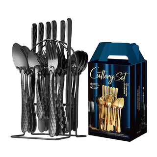 Buy as-the-picture12 24 Pcs Stainless Steel Cutlery Hammer Pattern Ceramic Handle Knife Fork Spoon Set Cutlery Set Travel Cutlery Set Flatware Set