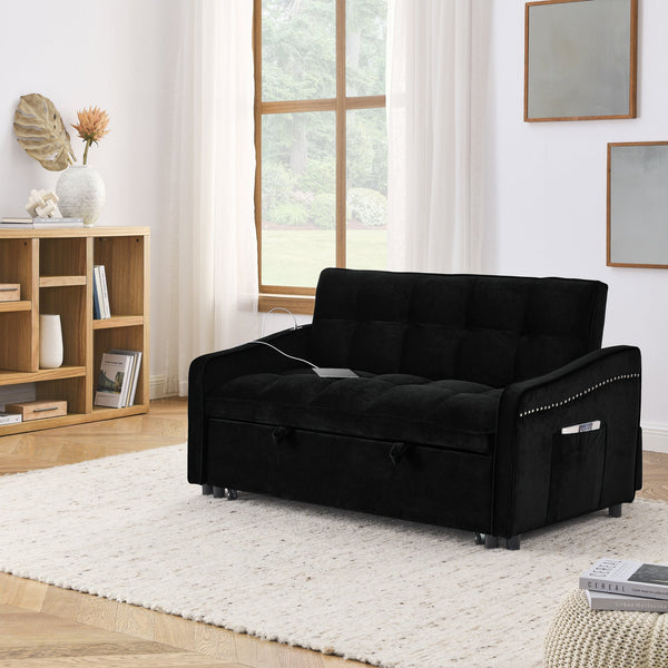 Loveseats Sofa Bed With Pull-Out Bed,Adjsutable Back and Two Arm Pocket,TypeC and USB Charging With Copper Nail,Black (4