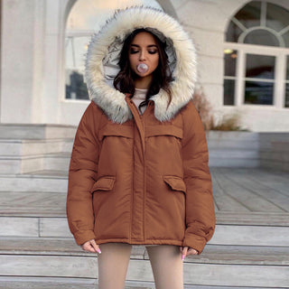 Buy brown 2021 Wholesale Ladies Down Coat Short Fur Collar Hood Women Winter Reversible Coats Parka Woman Coat Puffer Jacket