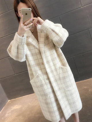 Buy b-white Bella Philosophy Winter Plaid Women Faux Mink Cashmere Woolen Coat Ladies Casual Turn-Down Collar Coats Female Warm Outwear