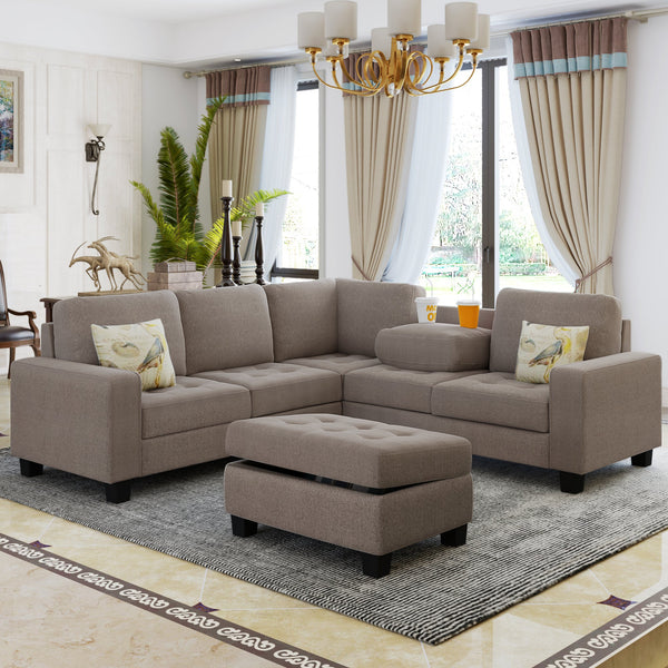 Sectional Corner Sofa L-Shape Couch Space Saving With Storage Ottoman & Cup Holders Design for Large Space Dorm Apartmen