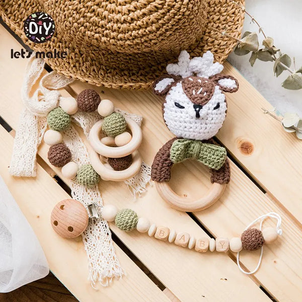 Let's Make Baby Rattles Set Crochet Animal Elk Amigurumi Elephant Baby Teether Wooden Pacifier ChainBPA Free Nursing Rattle Toys