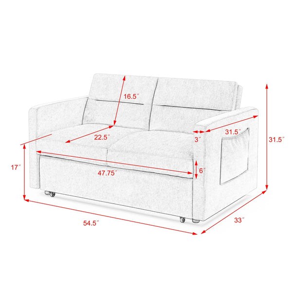 Loveseats Sofa Bed With Pull-Out Bed,Adjsutable Back and Two Arm Pocket,Beige (54.5"x33"x31.5")