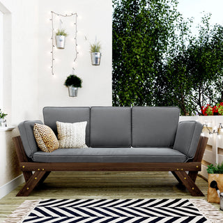 Outdoor Adjustable Patio Wooden Daybed Sofa Chaise Lounge With Cushions for Small Places, Brown Finish+Gray Cushion