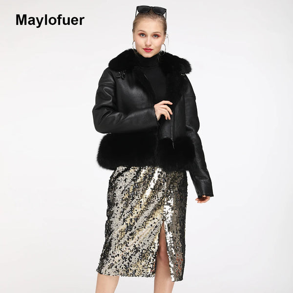 2019 Luxury Women's Real Fur Coat Thick Lamb Wool Fur Jacket Long Sheep Shearling Female Jackets Winter With Fox Coats