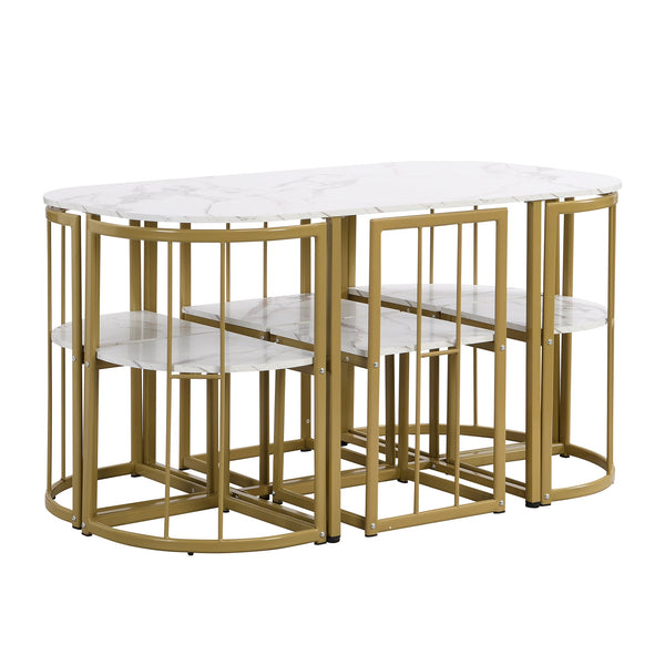 Modern 7-Piece Dining Table Set With Faux Marble Compact 55Inch Kitchen Table Set for 6, Golden+White