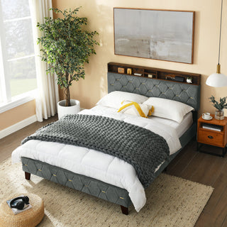 Queen Size Bed Frame, Shelf Upholstered Headboard, Platform Bed With Outlet & USB Ports, Wood Legs, No Box Spring Needed