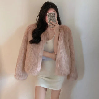 Buy pink 2024 Winter Warm Lady Faux Fur Coats Long Sleeves Short Cut Women Winter Artificial Fur Coat Thick Warm Female Faux Fur Jackets