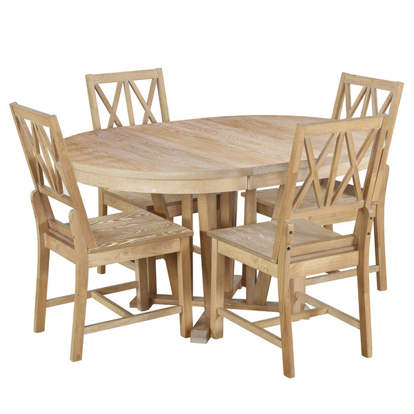 Rustic 5-Piece Extendable Dining Table Set Round Trestle Table and 4 Cross Back Dining Chairs for Kitchen, Dining Room,