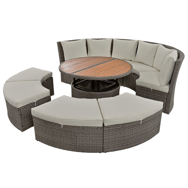 Patio 5-Piece Round Rattan Sectional Sofa Set All-Weather PE Wicker Sunbed Daybed With Round Liftable Table and Washable