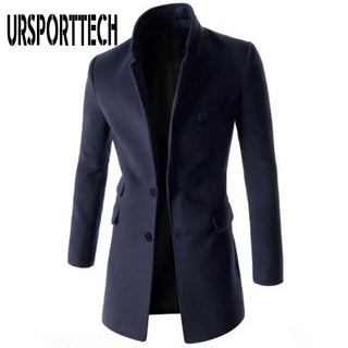 Buy navy-blue 2024 New Winter Woolen Coat Men Leisure Medium Long Woolen Coats Mens Pure Color Casual Fashion Jackets Casual Men Overcoat